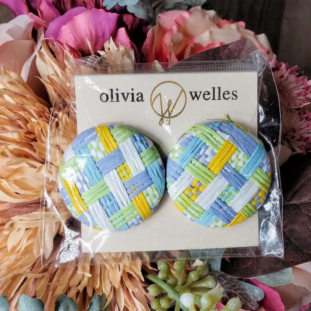 NWT Olivia Welles Large Round Woven Button Post Pastel Earrings Coastal Grandma
